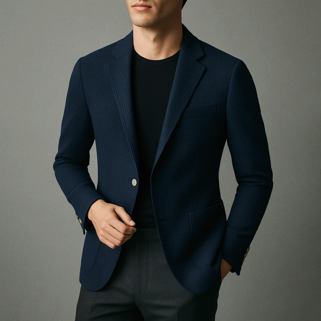 Blazer Masculino Noble Romenzi RZ923 em detalhe, peça elegante em algodão egípcio premium, ideal para eventos formais e ocasiões especiais com sofisticação.
