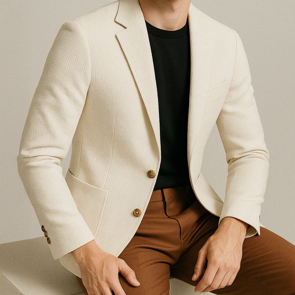 Blazer Masculino Noble Romenzi RZ923 em detalhe, peça elegante em algodão egípcio premium, ideal para eventos formais e ocasiões especiais com sofisticação.