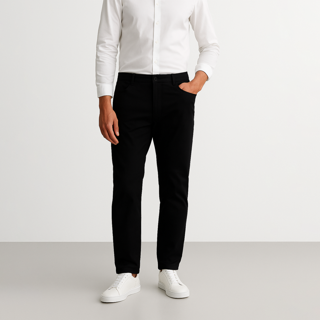 Calça Chino em Sarja Masculina Romenzi RZ555 em detalhe, peça elegante em sarja premium, versátil para looks casuais, profissionais ou de lazer.