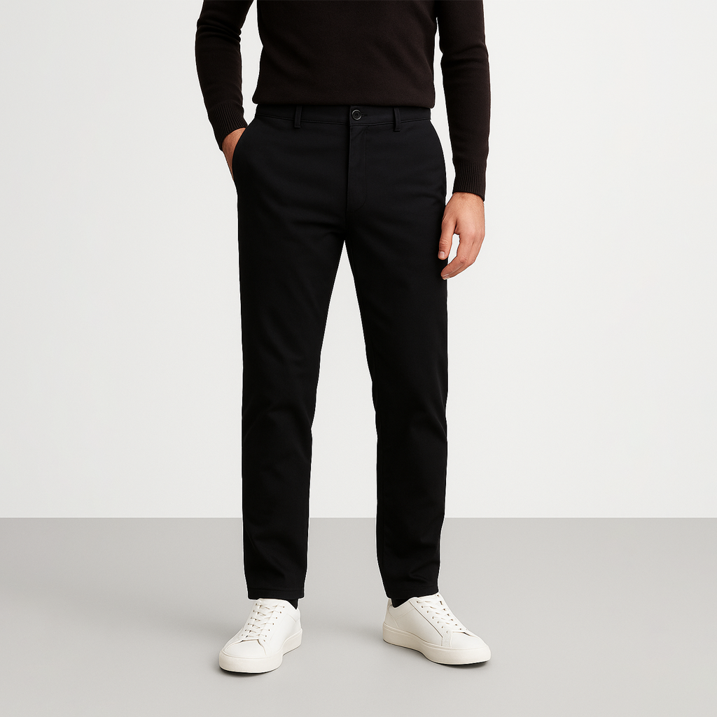 Calça Chino em Sarja Masculina Romenzi RZ556 em detalhe, calça em sarja de alta qualidade que oferece conforto, durabilidade e estilo moderno.
