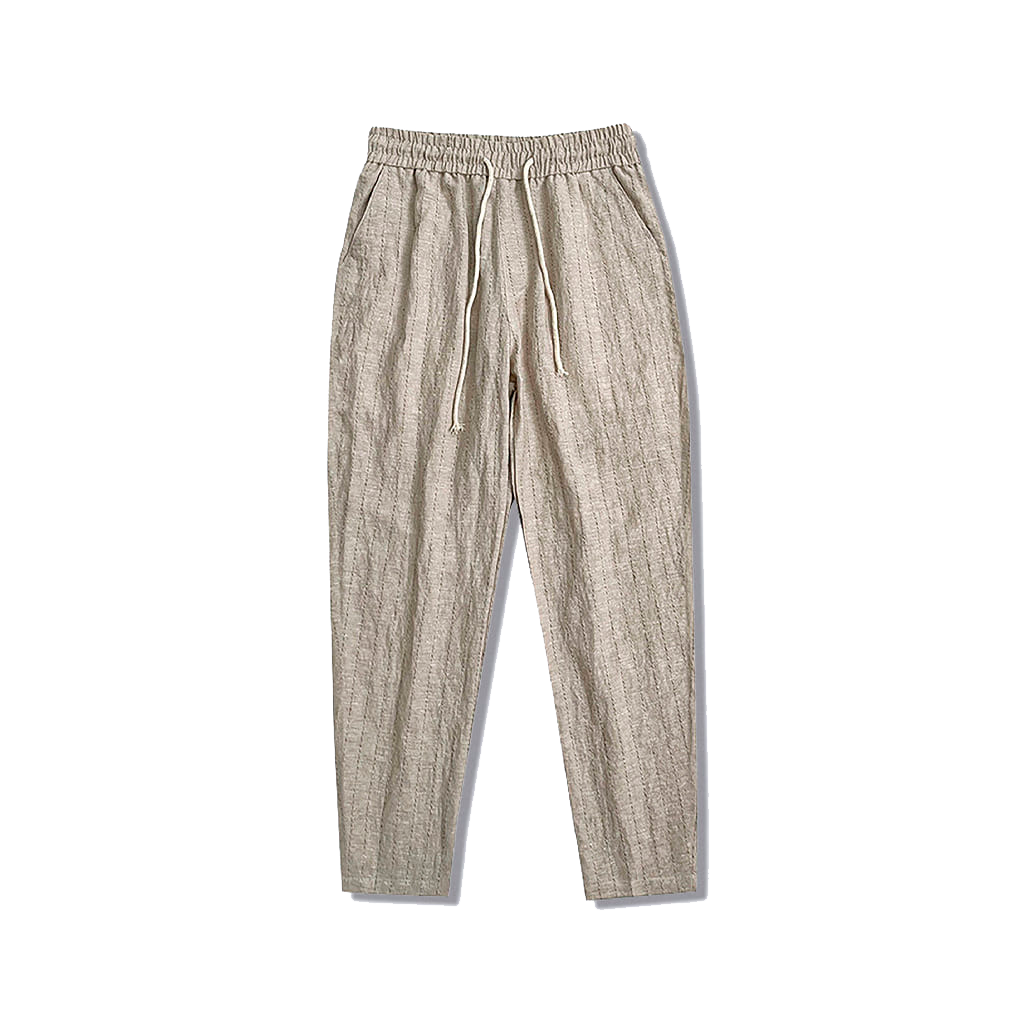 Calça de Linho Masculina Listrada Romenzi RZ557 em detalhe, calça listrada em linho leve e respirável que oferece frescor, conforto e estilo sofisticado.