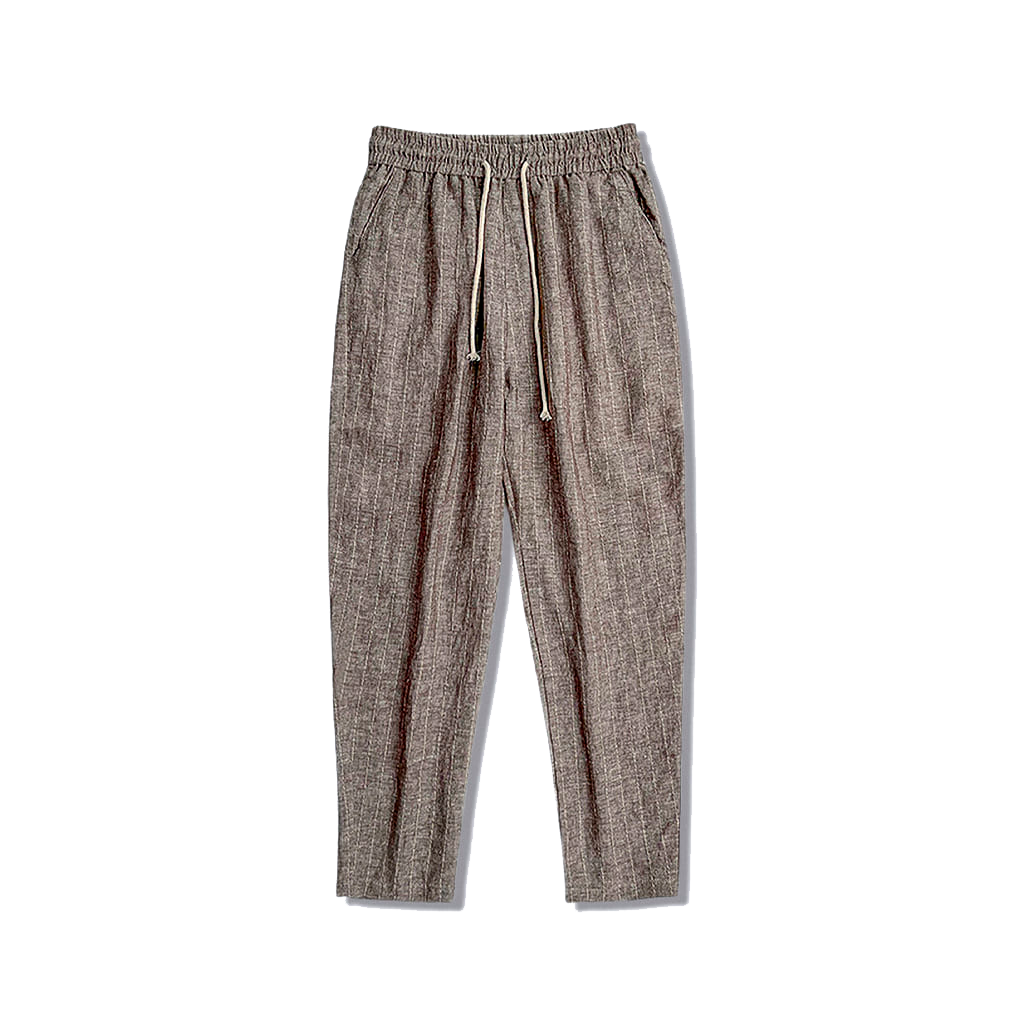 Calça de Linho Masculina Listrada Romenzi RZ557 em detalhe, calça listrada em linho leve e respirável que oferece frescor, conforto e estilo sofisticado.