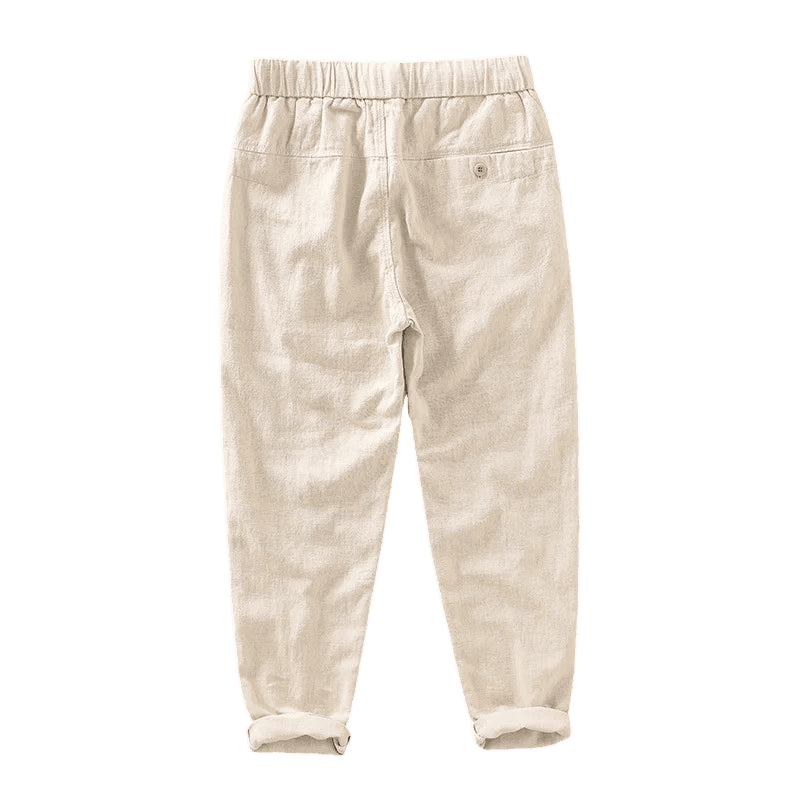 Calça de Linho Masculina Romenzi RZ558 em detalhe, peça elegante em linho premium, leve e sofisticada, perfeita para looks casuais ou formais.