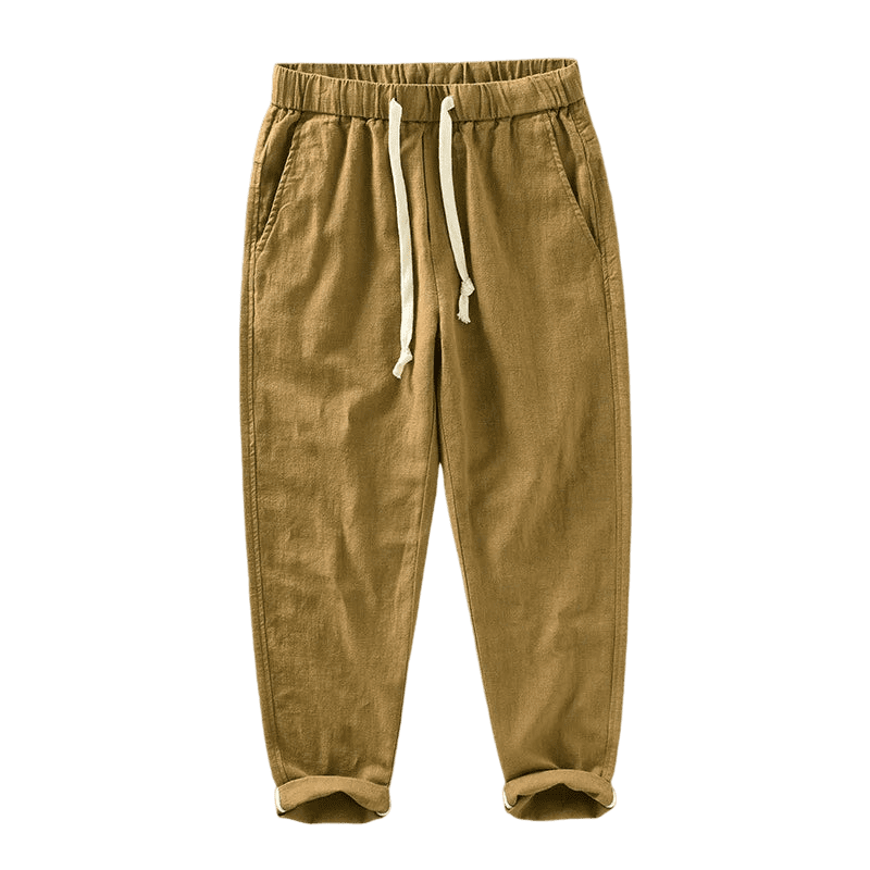 Calça de Linho Masculina Romenzi RZ558 em detalhe, peça elegante em linho premium, leve e sofisticada, perfeita para looks casuais ou formais.