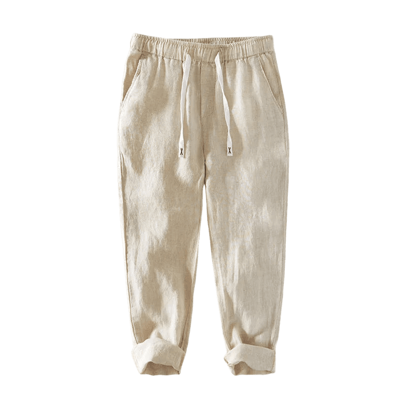 Calça de Linho Masculina Romenzi RZ559 em detalhe, peça leve e sofisticada em linho premium, ideal para looks casuais ou sociais com estilo refinado.