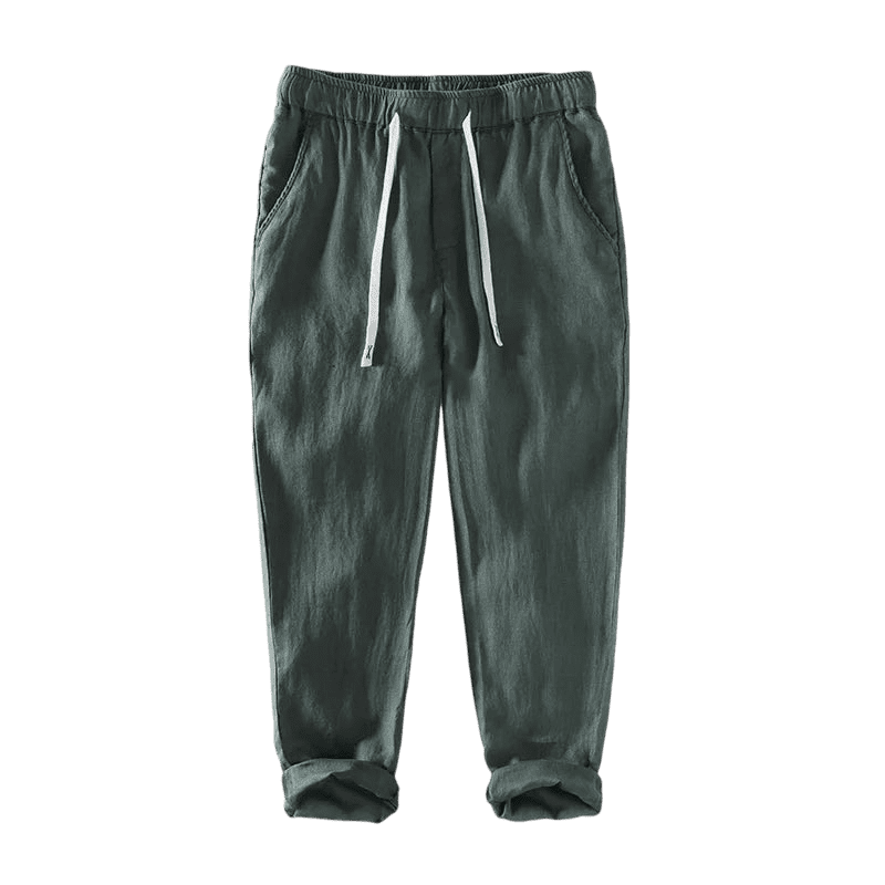 Calça de Linho Masculina Romenzi RZ559 em detalhe, peça leve e sofisticada em linho premium, ideal para looks casuais ou sociais com estilo refinado.