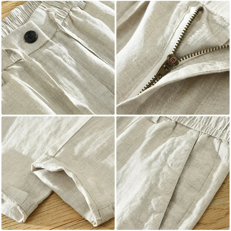Calça de Linho Masculina Romenzi RZ561 em detalhe, peça sofisticada em linho premium, com design moderno que valoriza a silhueta masculina.
