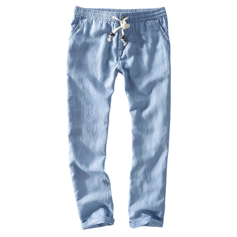 Calça de Linho Masculina Romenzi RZ562 em detalhe, calça sofisticada em linho leve e respirável que oferece frescor, conforto e estilo contemporâneo.