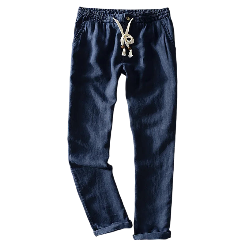 Calça de Linho Masculina Romenzi RZ562 em detalhe, calça sofisticada em linho leve e respirável que oferece frescor, conforto e estilo contemporâneo.