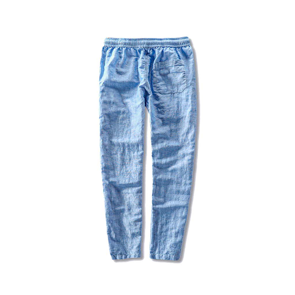 Calça de Linho Masculina Romenzi RZ567 em detalhe, calça leve em linho de alta qualidade que oferece frescor, conforto e estilo atemporal.