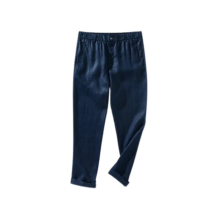 Calça de Linho Masculina Romenzi RZ943 em detalhe, peça sofisticada em linho nobre premium com caimento refinado e estilo Old Money elegante.