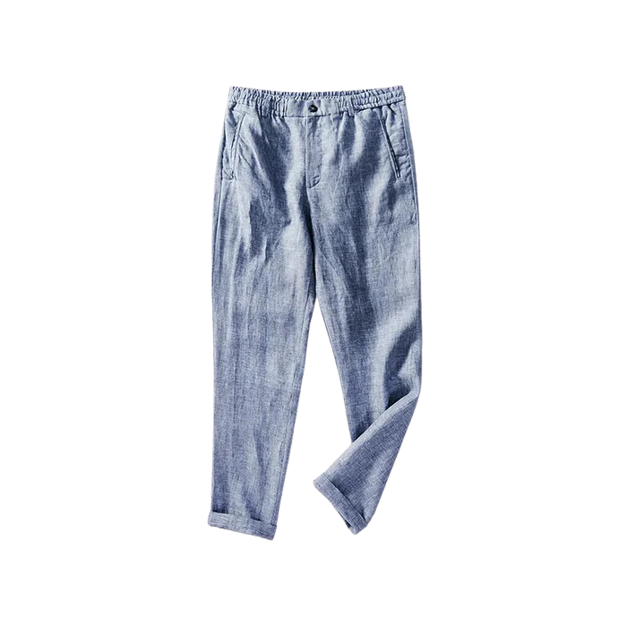 Calça de Linho Masculina Romenzi RZ943 em detalhe, peça sofisticada em linho nobre premium com caimento refinado e estilo Old Money elegante.