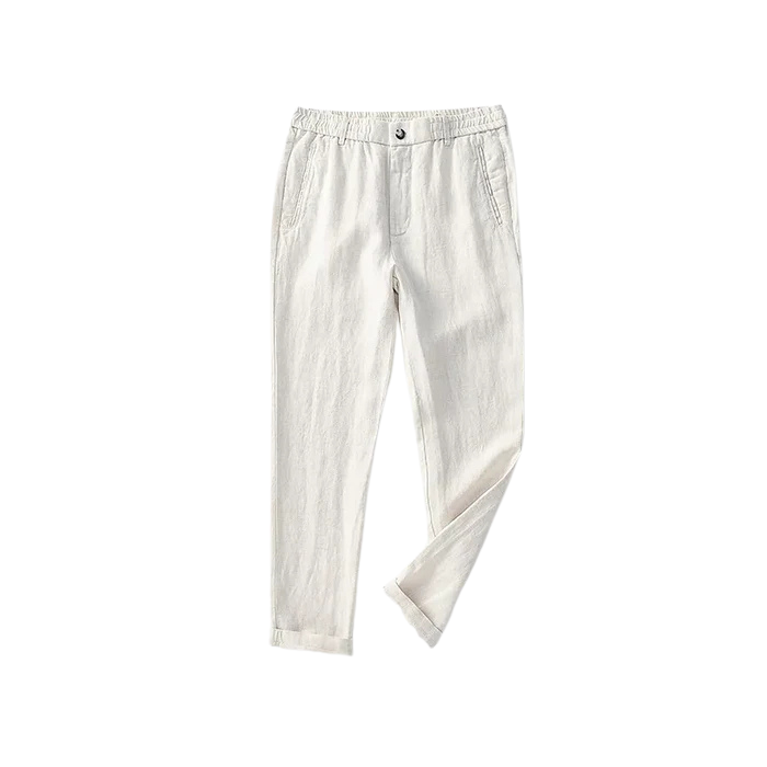 Calça de Linho Masculina Romenzi RZ943 em detalhe, peça sofisticada em linho nobre premium com caimento refinado e estilo Old Money elegante.