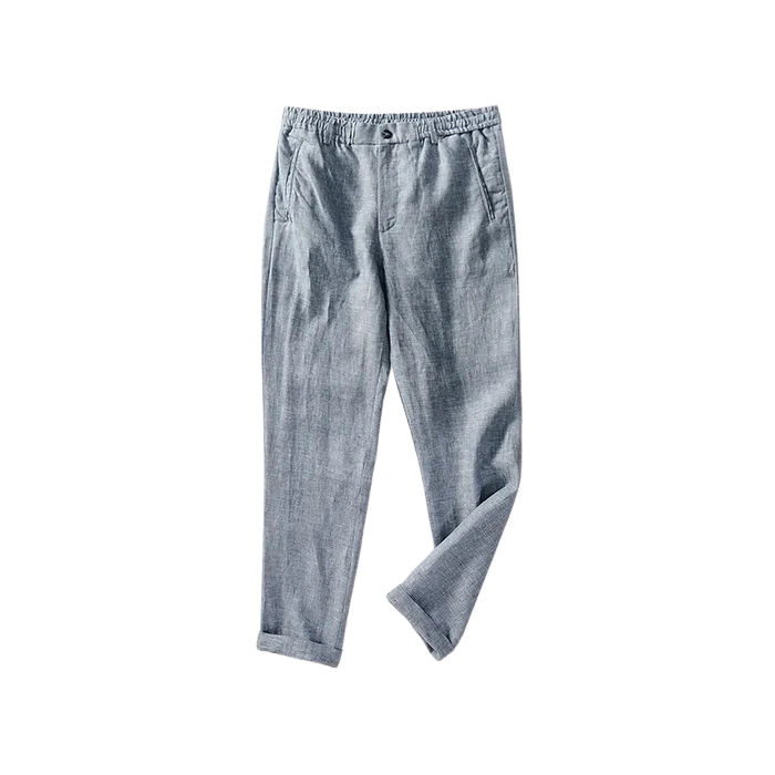 Calça de Linho Masculina Romenzi RZ943 em detalhe, peça sofisticada em linho nobre premium com caimento refinado e estilo Old Money elegante.