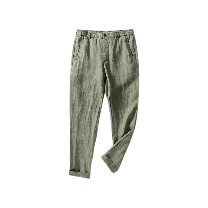 Calça de Linho Masculina Romenzi RZ943 em detalhe, peça sofisticada em linho nobre premium com caimento refinado e estilo Old Money elegante.