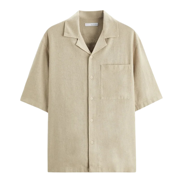 Camisa de Linho Masculina Romenzi Relaxed Fit RZ802 em detalhe, peça em linho ecológico e viscose com modelagem ampla que garante conforto e estilo casual.
