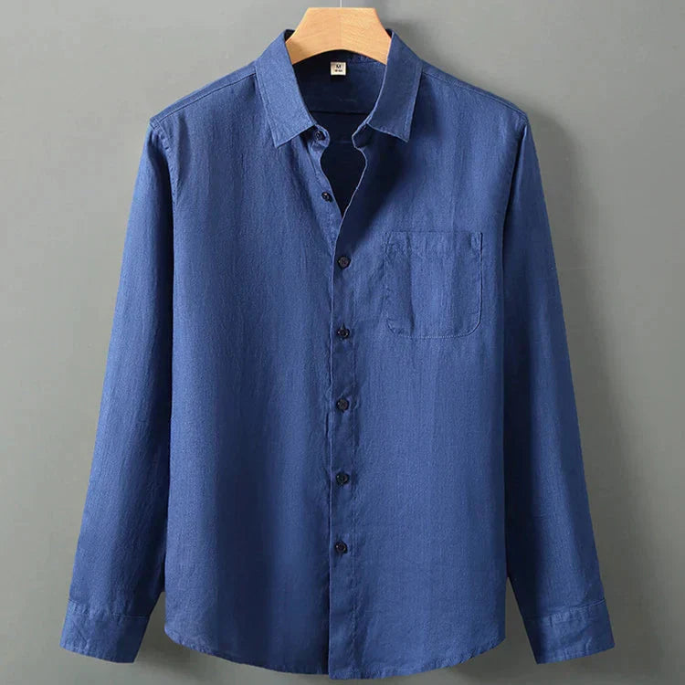 Camisa de Linho Masculina Romenzi RZ792 feita em linho nobre, respirável e sofisticada, com caimento impecável e estilo clássico para eventos elegantes.