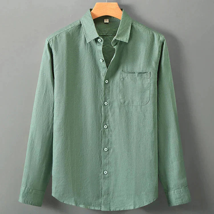 Camisa de Linho Masculina Romenzi RZ792 feita em linho nobre, respirável e sofisticada, com caimento impecável e estilo clássico para eventos elegantes.