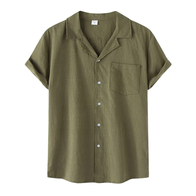 Camisa de Linho Masculina Romenzi RZ803 em detalhe, peça leve em linho respirável com mangas curtas que garante conforto e estilo casual sofisticado.