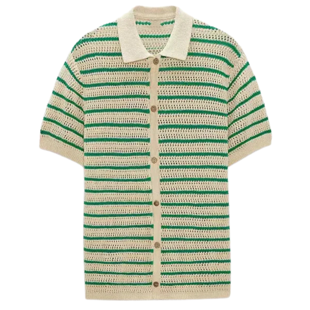 Camisa Manga Curta em Malha Romenzi RZ601 em detalhe, peça leve em malha premium, moderna e sofisticada, ideal para looks casuais e elegantes.