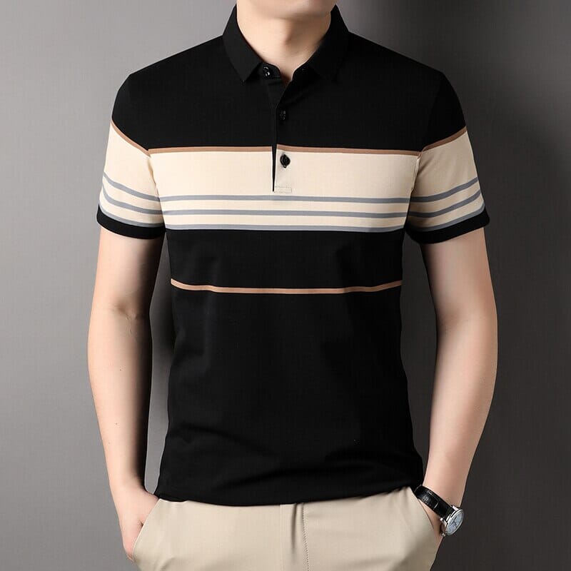 Camisa Polo Masculina Romenzi Argos RZ635 em detalhe, polo listrada em algodão e poliéster que oferece conforto, respirabilidade e estilo versátil.