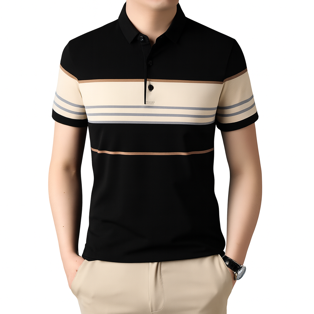 Camisa Polo Masculina Romenzi Argos RZ635 em detalhe, polo listrada em algodão e poliéster que oferece conforto, respirabilidade e estilo versátil.