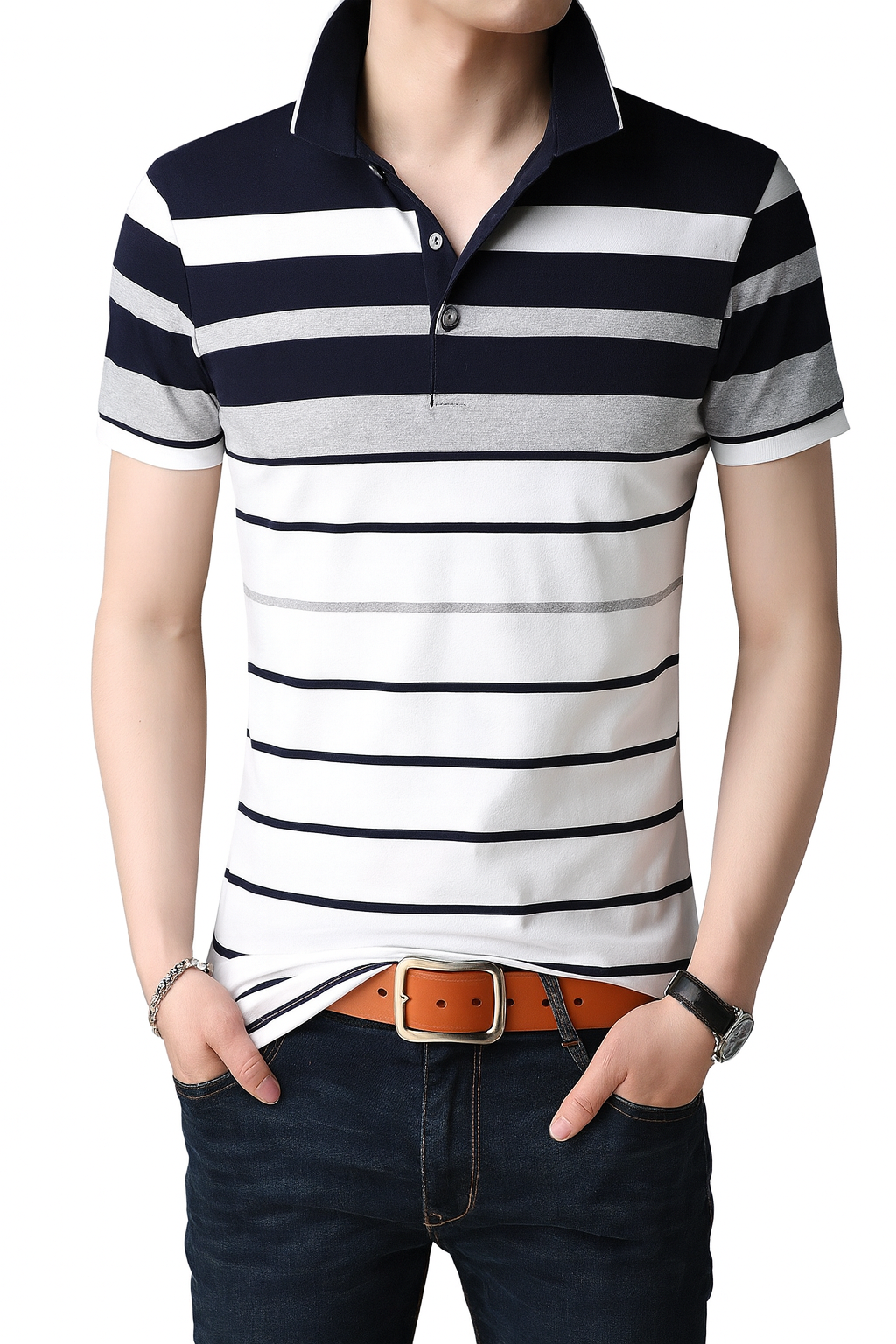 Camisa Polo Masculina Romenzi Brandon RZ611 em detalhe, polo sofisticada em algodão e poliéster que oferece conforto, respirabilidade e caimento impecável.