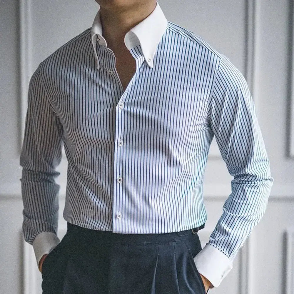 Camisa Social Listrada Romenzi RZ086, slim fit e tecido premium. Elegância, respirabilidade e durabilidade para compromissos profissionais e sociais.