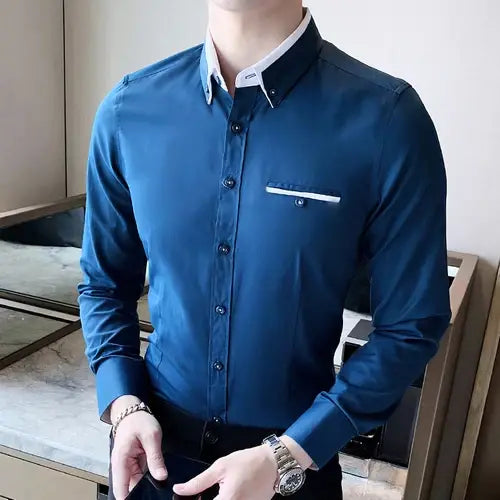 Camisa Social Masculina Romenzi RZ017 com modelagem slim fit, tecido leve e detalhes sofisticados para um visual elegante.