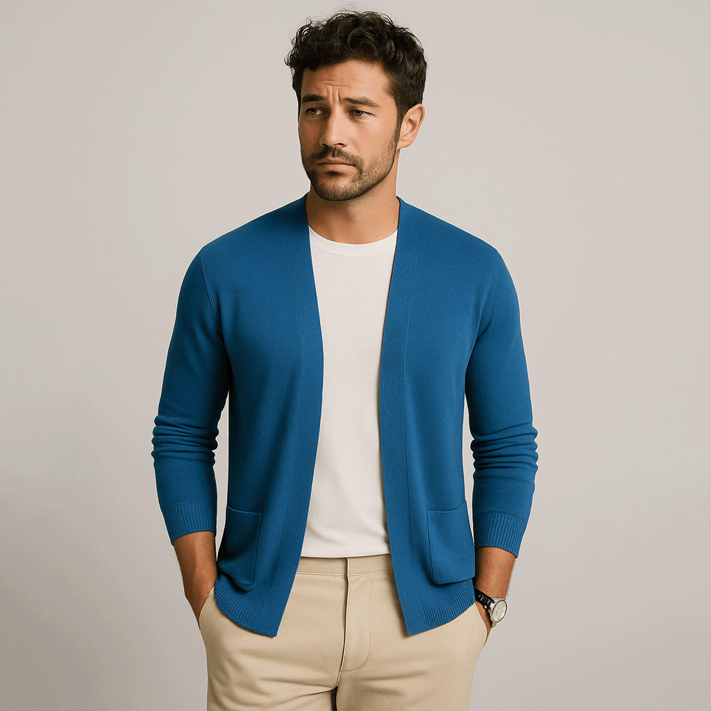 Cardigan Masculino Básico Romenzi RZ639 em detalhe, peça sofisticada em lã fina, viscose e caxemira premium, versátil para ocasiões casuais e sociais.