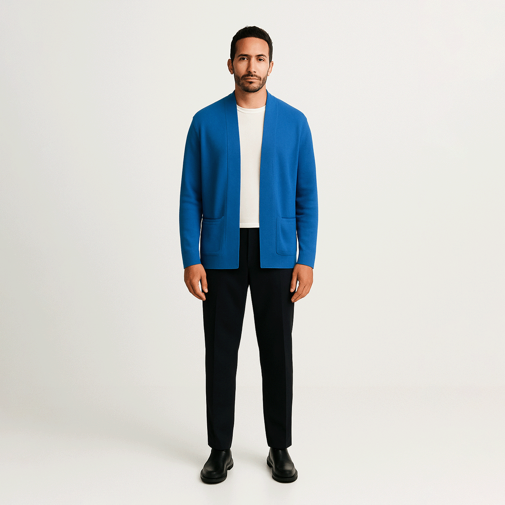 Cardigan Masculino Básico Romenzi RZ639 em detalhe, peça sofisticada em lã fina, viscose e caxemira premium, versátil para ocasiões casuais e sociais.