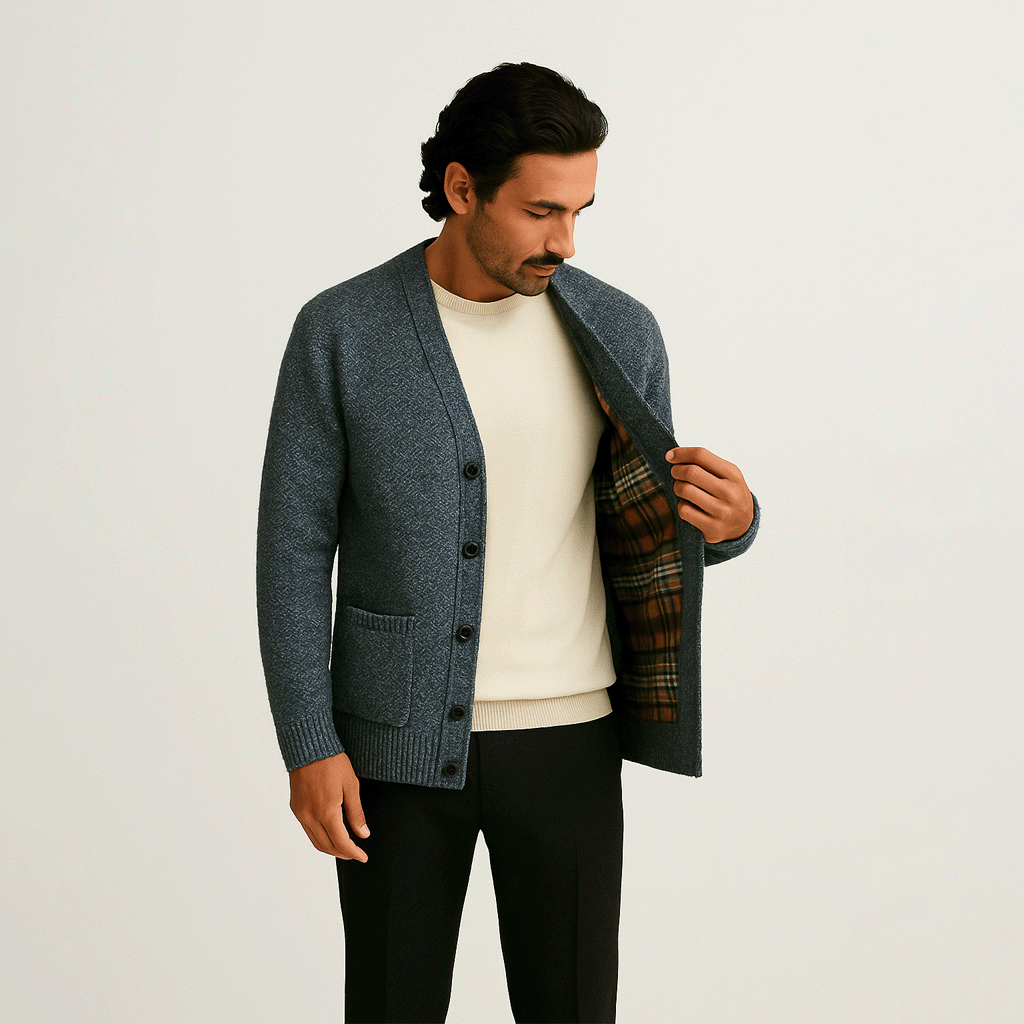 Cardigan Masculino em Lã Romenzi RZ643 em detalhe, peça sofisticada em lã premium com decote em V, versátil para looks casuais ou sociais.