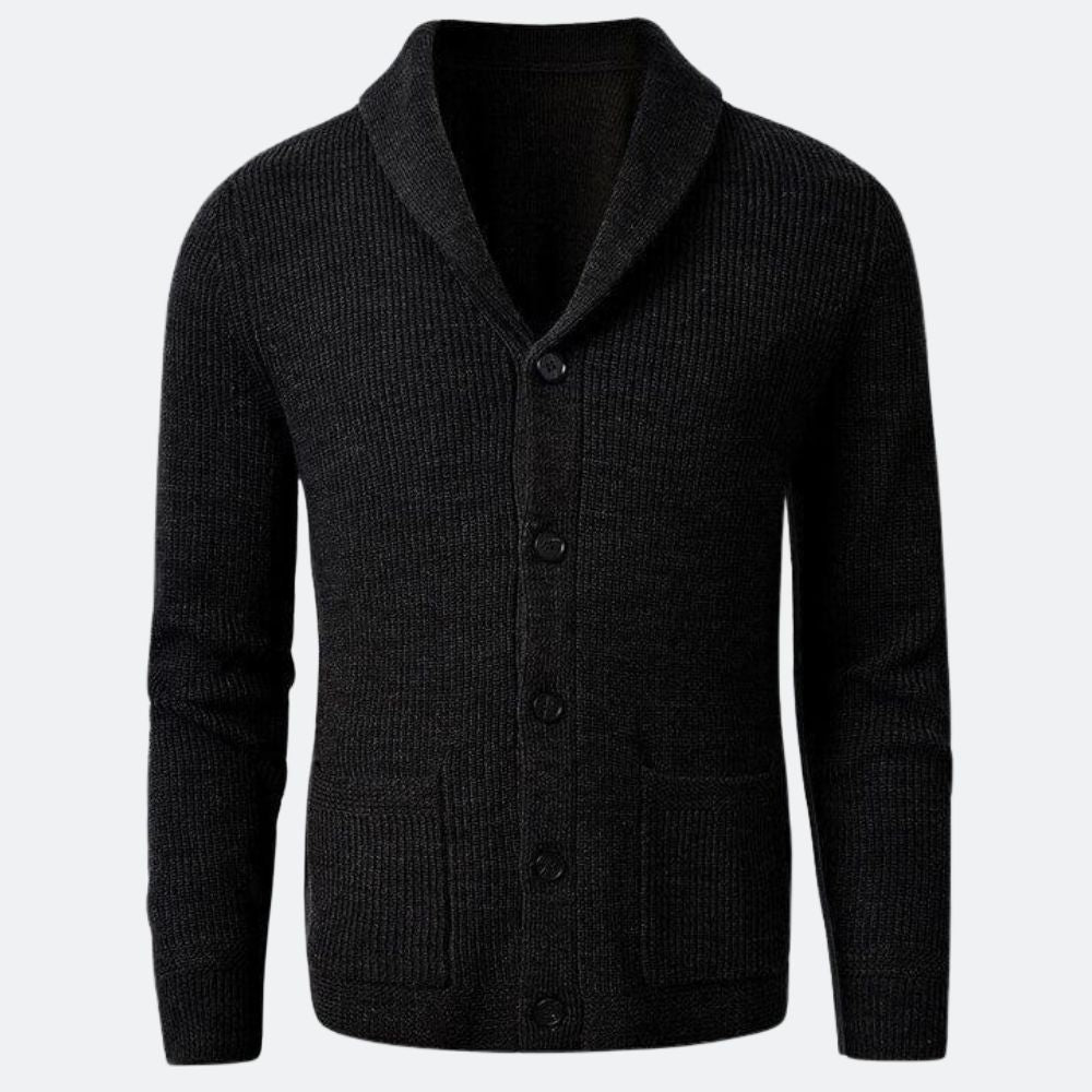 Cardigan Masculino Gola em V Romenzi RZ644 em detalhe, peça elegante confeccionada em lã merino, acrílico e nylon, ideal para looks casuais ou formais.
