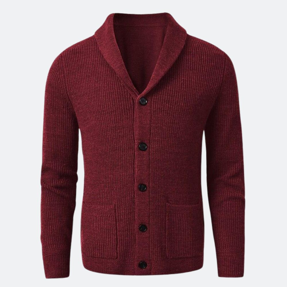 Cardigan Masculino Gola em V Romenzi RZ644 em detalhe, peça elegante confeccionada em lã merino, acrílico e nylon, ideal para looks casuais ou formais.