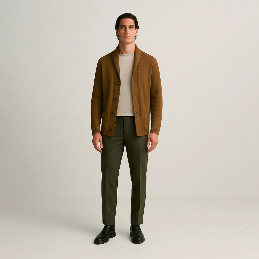 Cardigan Masculino London Romenzi RZ647 em detalhe, peça premium elegante em algodão e spandex, com estilo retrô sofisticado e toque contemporâneo.