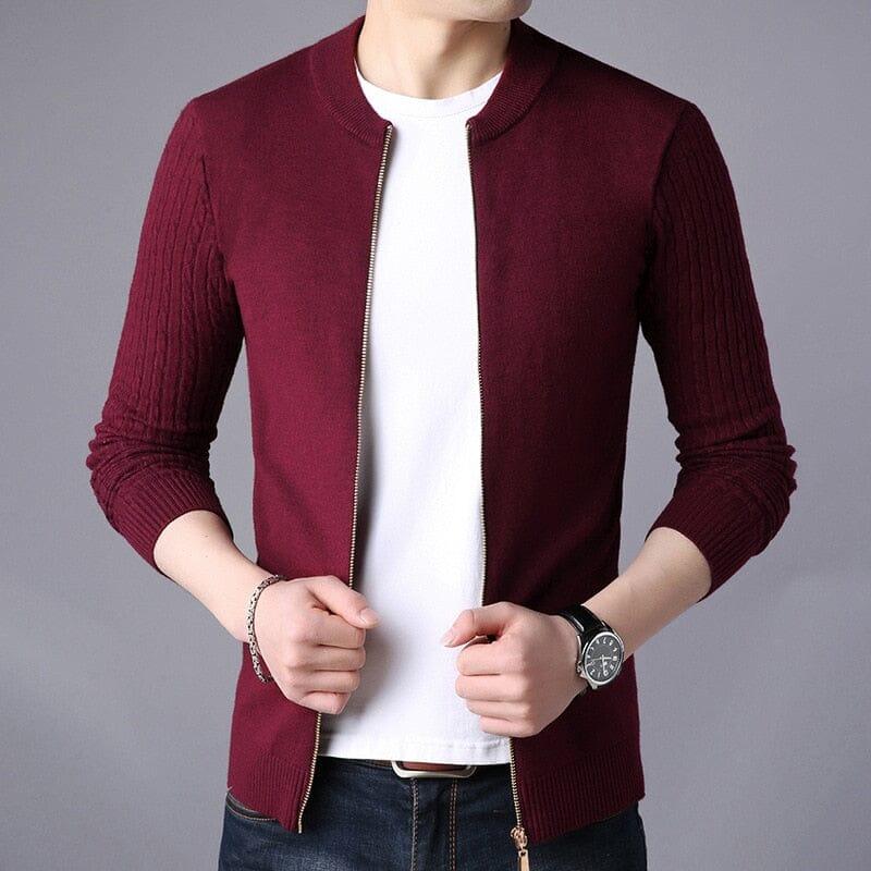 Cardigan Masculino Noir Romenzi RZ648 em detalhe, peça premium em lã de alta qualidade, com corte slim fit elegante para looks casuais ou formais.