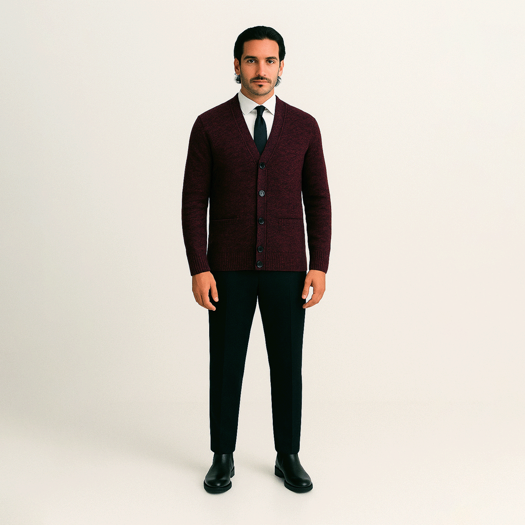 Cardigan Masculino Social Slim Romenzi RZ652 em detalhe, peça elegante e resistente em lã e poliéster, com caimento slim que garante sofisticação.