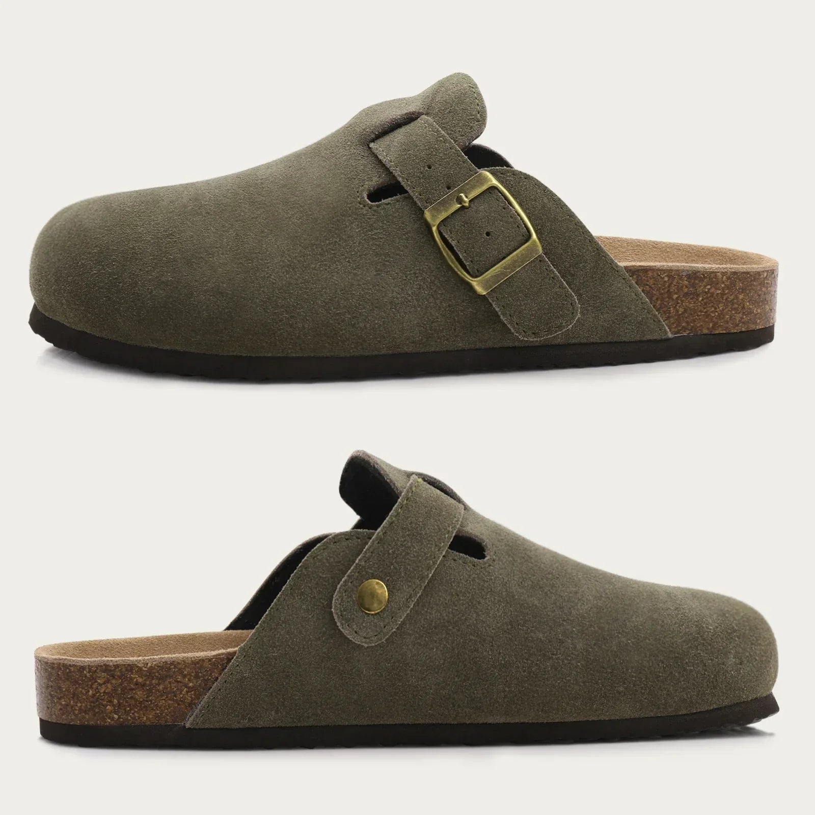 Chinelo Slide Masculino Chicago Old Money Romenzi RZ899 em detalhe, feito em camurça bovina premium com sola de cortiça e estilo sofisticado.