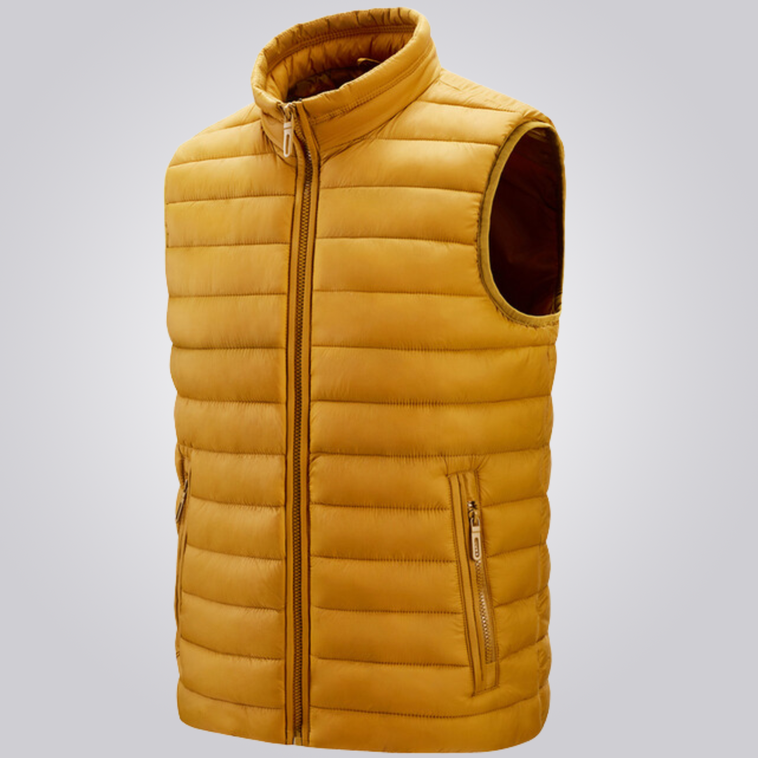 Colete Masculino Puffer Romenzi RZ670 em detalhe, peça acolchoada resistente e sofisticada, ideal para aquecer com estilo em dias frios de até -6ºC.