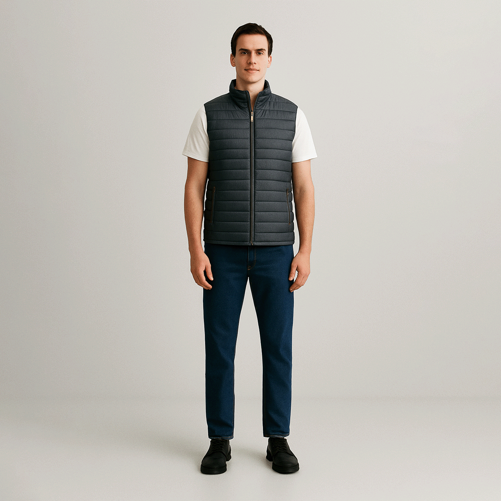 Colete Masculino Puffer Romenzi RZ670 em detalhe, peça acolchoada resistente e sofisticada, ideal para aquecer com estilo em dias frios de até -6ºC.