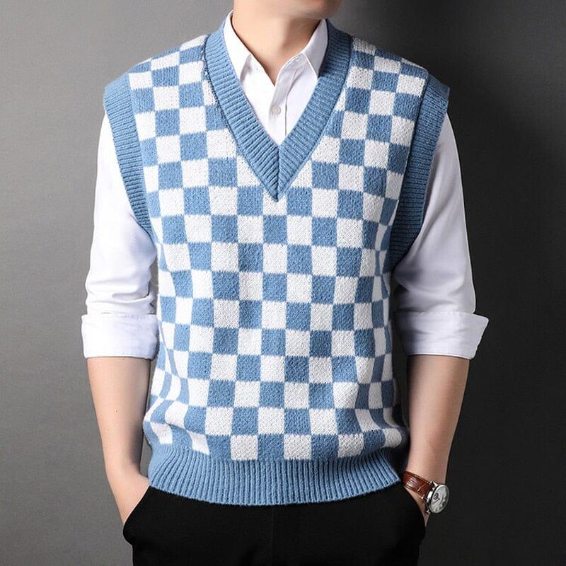 Colete Masculino Tricot Carlsen Romenzi RZ664 em detalhe, peça em tricot de alta qualidade com estampa xadrez, versátil e elegante para o dia a dia.
