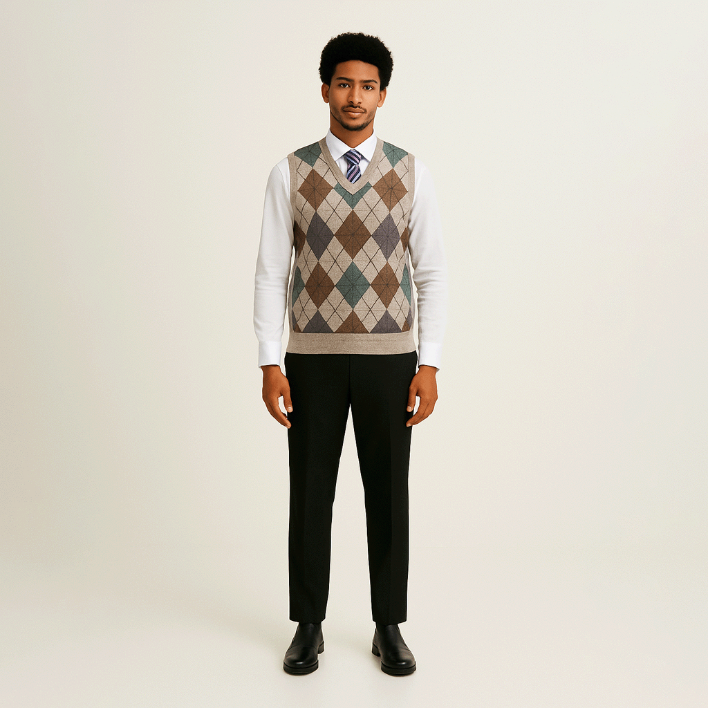 Colete Masculino Tricot Diamond Romenzi RZ665 em detalhe, peça sofisticada em tricot resistente e elegante, ideal para produções casuais ou sociais.