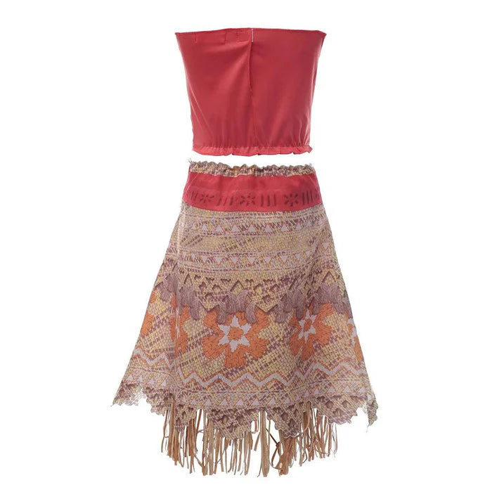 Fantasia Infantil Aventureira do Oceano com vestido, colar, coroa, peruca e porquinho, ideal para festas infantis e brincadeiras mágicas.