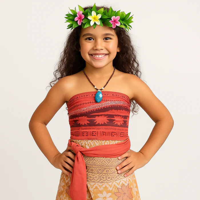 Fantasia Infantil Aventureira do Oceano com vestido, colar, coroa, peruca e porquinho, ideal para festas infantis e brincadeiras mágicas.