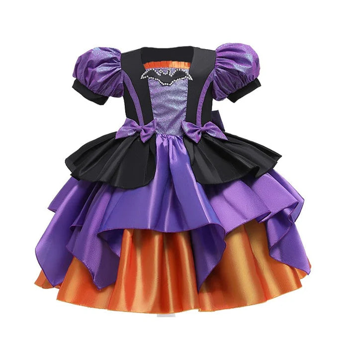 Fantasia Infantil Bruxa Abracadabra Halloween com vestido, vassoura, meia-calça, arquinho e bolsinha, perfeita para festas infantis e brincadeiras.