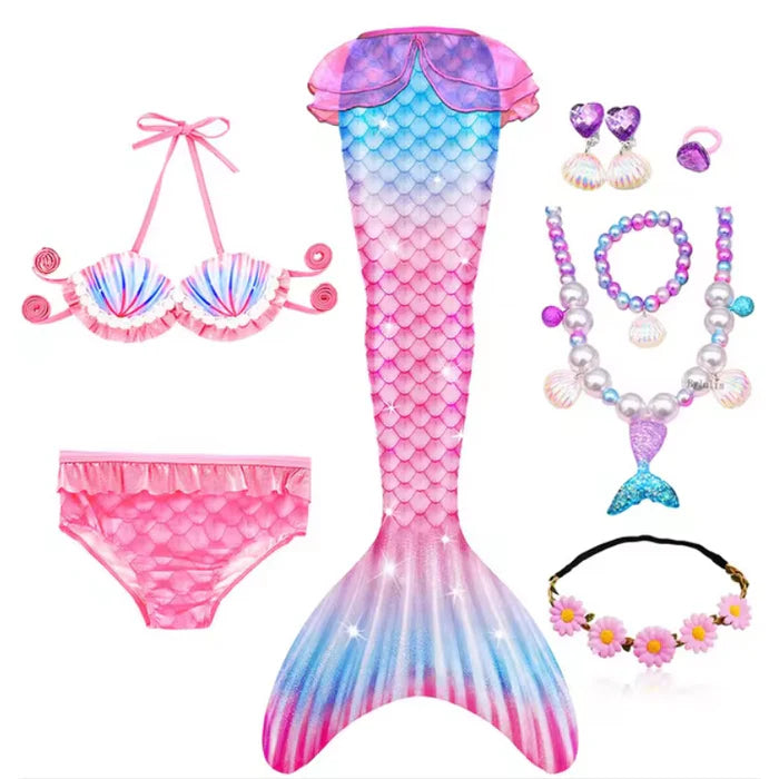 Fantasia Infantil Cauda de Sereia com cauda, biquíni, tiara de flores e acessórios, perfeita para festas infantis e brincadeiras mágicas.
