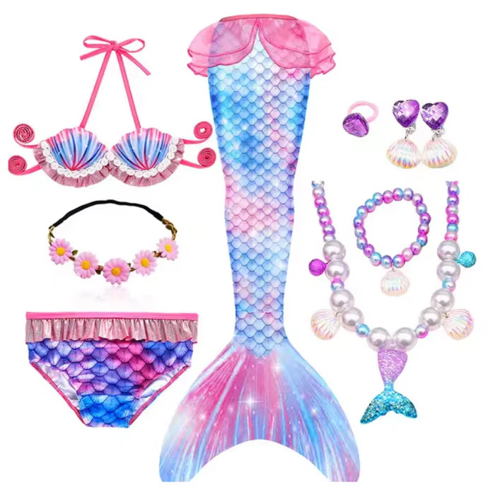 Fantasia Infantil Cauda de Sereia com cauda, biquíni, tiara de flores e acessórios, perfeita para festas infantis e brincadeiras mágicas.