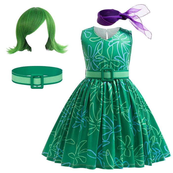 Fantasia Infantil Emoção Verde Divertida em poliéster, opções com ou sem peruca, ideal para festas infantis e brincadeiras cheias de imaginação.