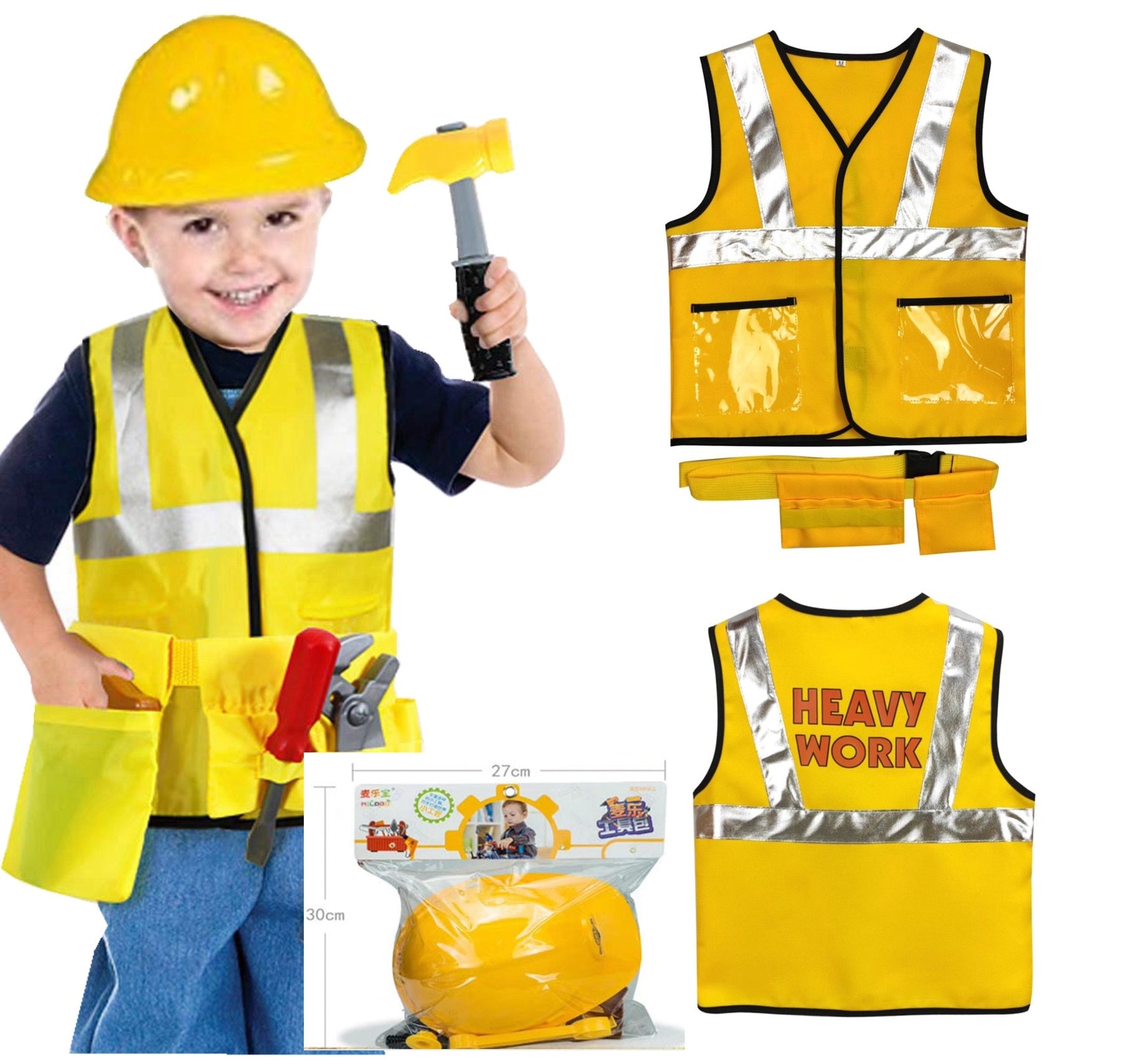 Fantasia Infantil Engenheiro Civil com jaqueta temática e capacete, feita com materiais de qualidade, perfeita para festas, brincadeiras e diversão.