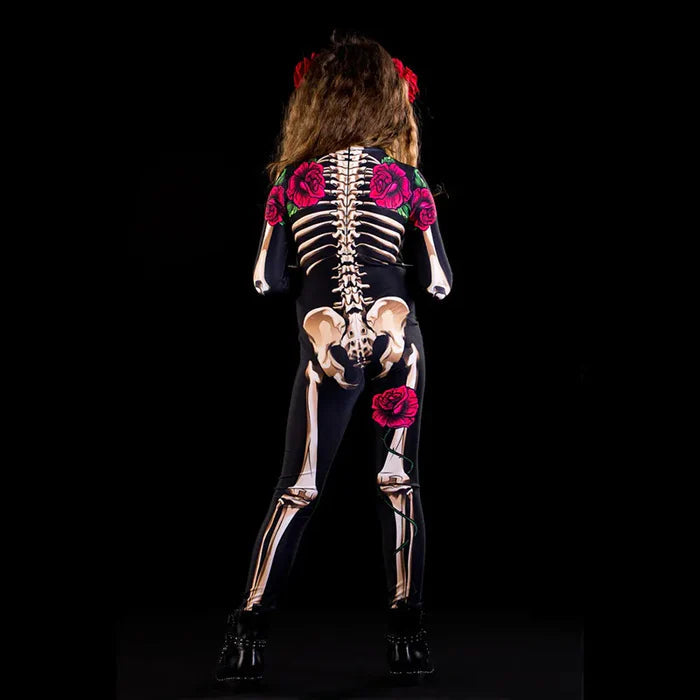 Fantasia Infantil Esqueleto com vestido e cabelo temático, feita em poliéster, ideal para festas de Halloween e brincadeiras infantis.
